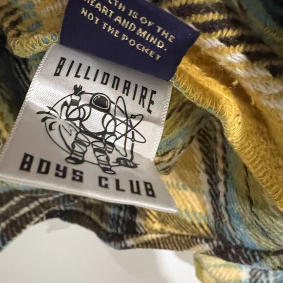 BILLIONAIRE BOYS CLUB Yellow Plaid Snap Down WEALTH Shirt sz LARGE L - Picture 7 of 9